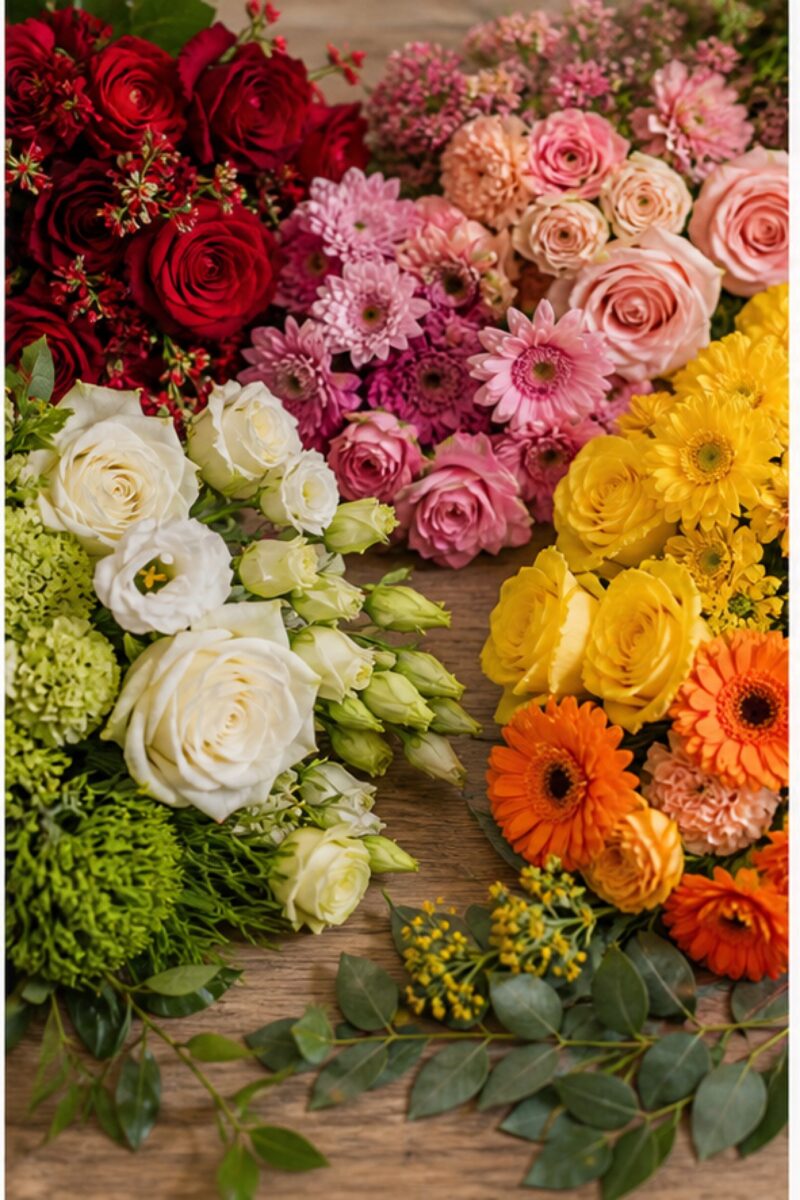 Blumenstrauß-Farben: Welche Farbe passt zu welchem Anlass? 1 Blumen nach Farben auf einem Floristentisch sortiert