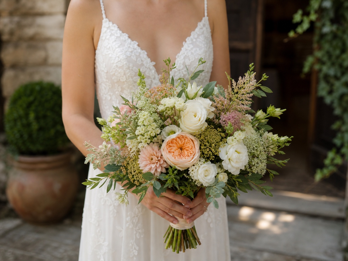 Brautstrauß bei Sommerhitze: So bleibt er den ganzen Hochzeitstag frisch 1 Braut hält einen sommerlichen Brautstrauß in Creme Apricot und zartem Rosa im Schatten