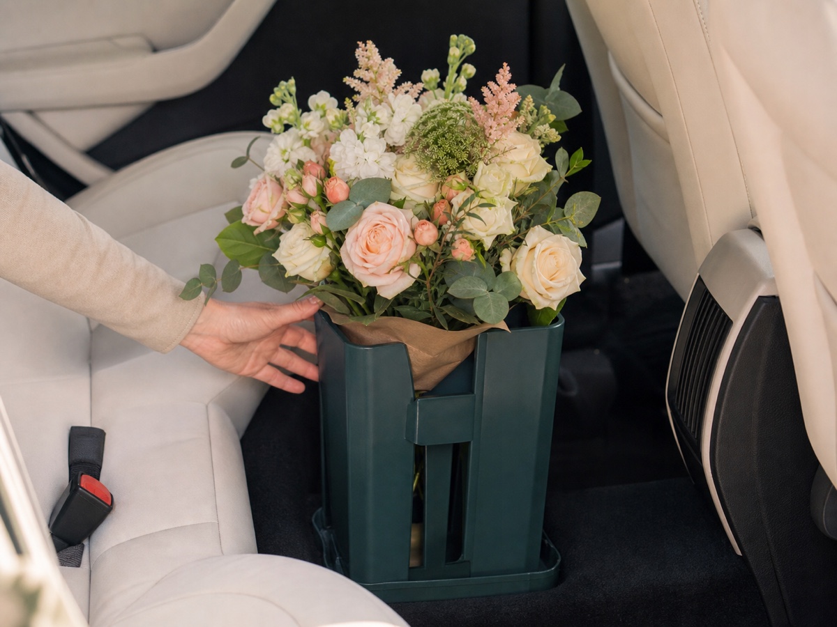 Brautstrauß bei Sommerhitze: So bleibt er den ganzen Hochzeitstag frisch 2 Brautstrauß wird im schattigen Auto aufrecht in einem stabilen Transportbehälter befördert