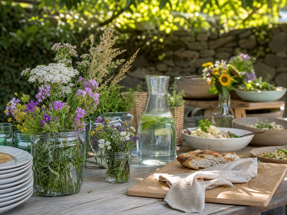 Blumen für Gartenfeste: Dekoration, die draußen funktioniert 2 Outdoor-Buffet mit kleinen Blumenakzenten in stabilen Gläsern
