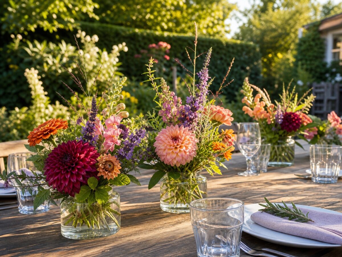 Blumen für Gartenfeste: Dekoration, die draußen funktioniert 1 Gartenfest-Tisch mit kleinen Vasen und robusten Sommerblumen