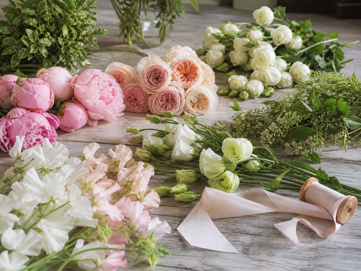 Hochzeitsblumen im Mai und Juni: Welche Sorten passen wirklich? 1 Saisonale Hochzeitsblumen in Creme Rosa und Grün auf einem Floristentisch