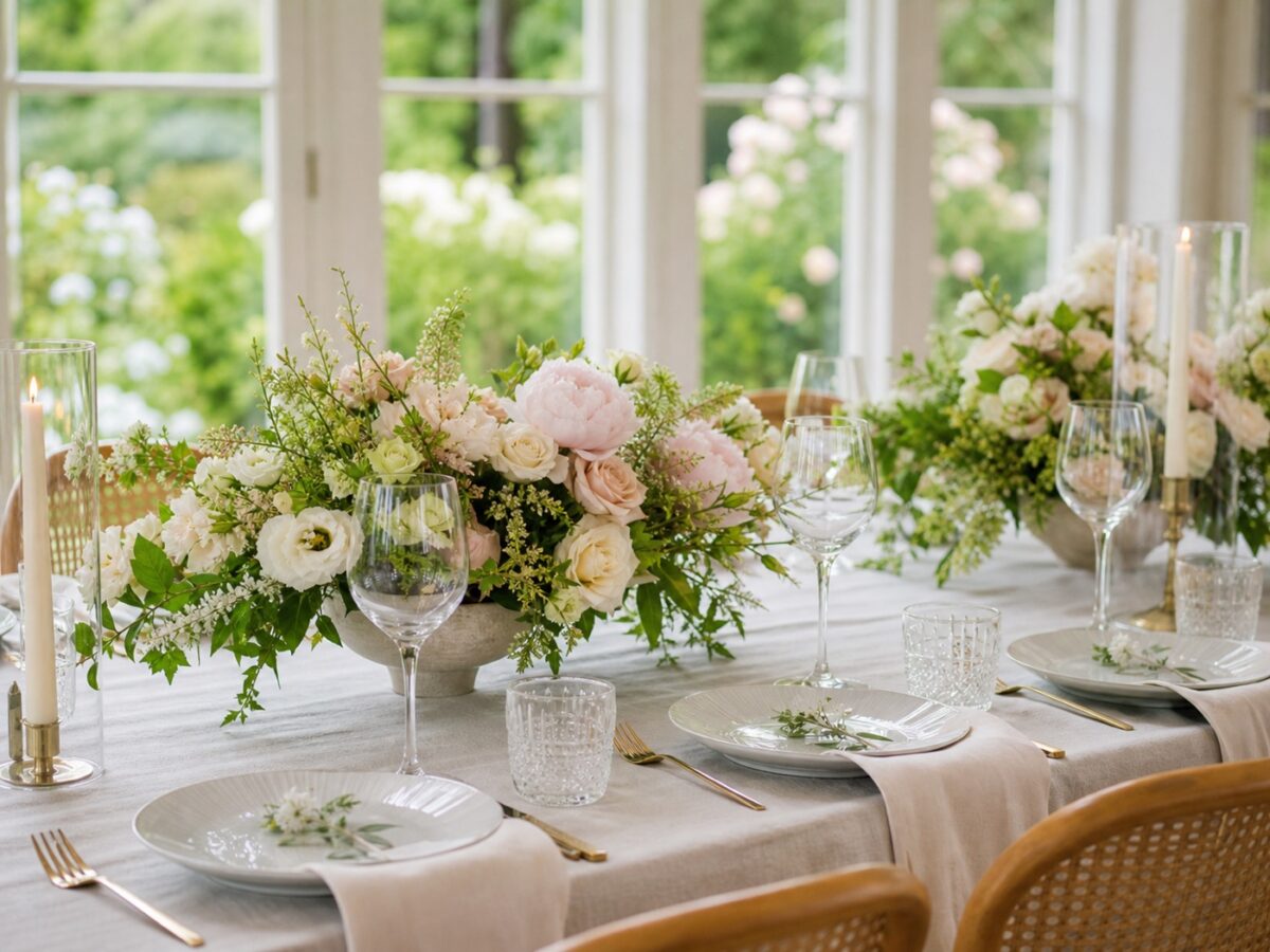 Hochzeitsblumen im Mai und Juni: Welche Sorten passen wirklich? 2 Niedrige florale Tischdekoration für eine Sommerhochzeit