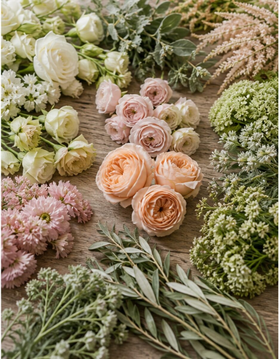Hochzeitsfarben finden: Wie Blumen, Kleid und Location zusammenpassen 1 Blüten nach Farbton sortiert auf einem Floristentisch