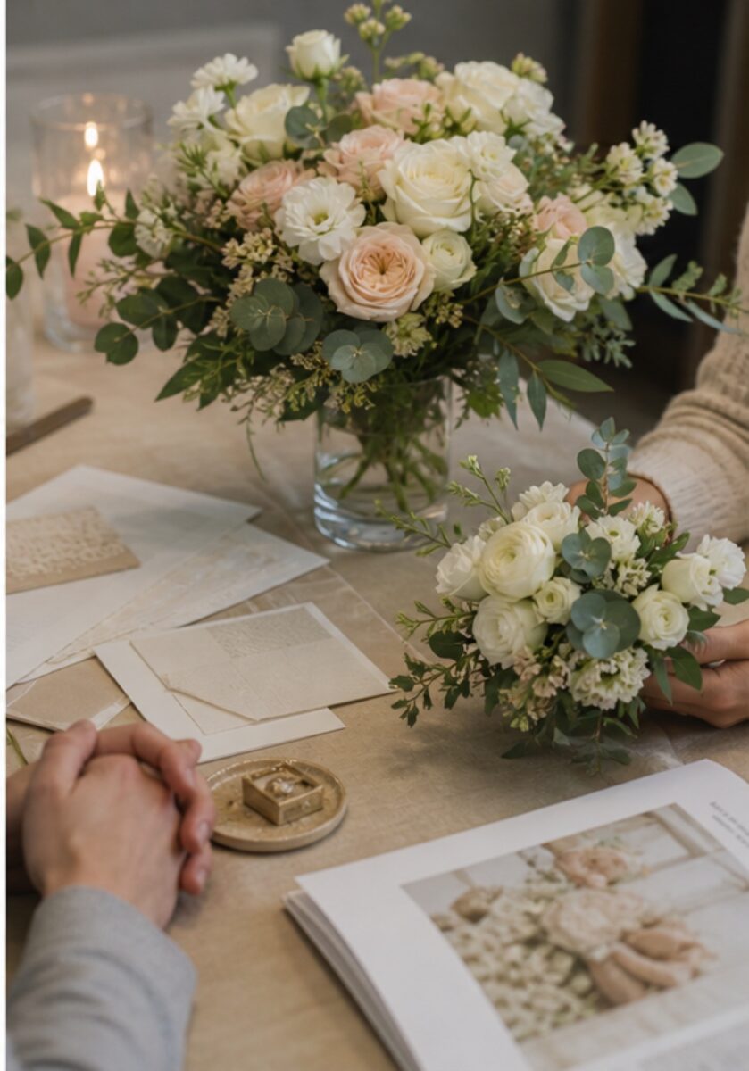 Hochzeitsfloristik Muster mit Blumen und neutralen Materialien