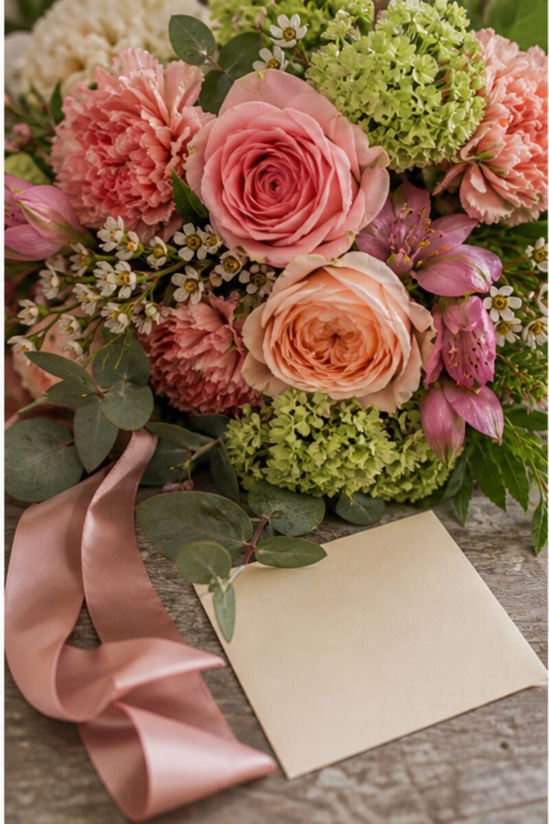 Muttertagsblumen: So wählen Sie einen Strauß, der wirklich passt 1 Muttertagsblumen mit Band und leerer Karte