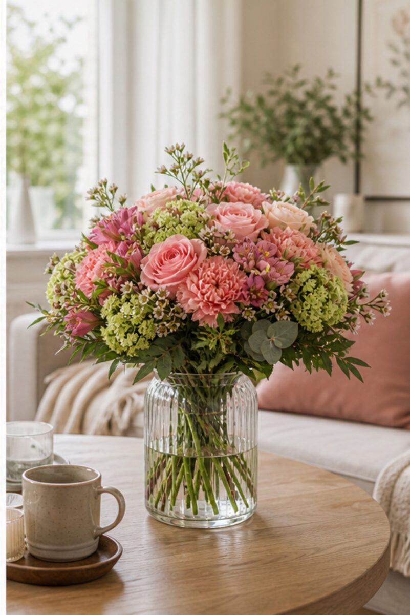 Muttertagsblumen: So wählen Sie einen Strauß, der wirklich passt 2 Muttertagsstrauß in einer Vase auf einem hellen Tisch