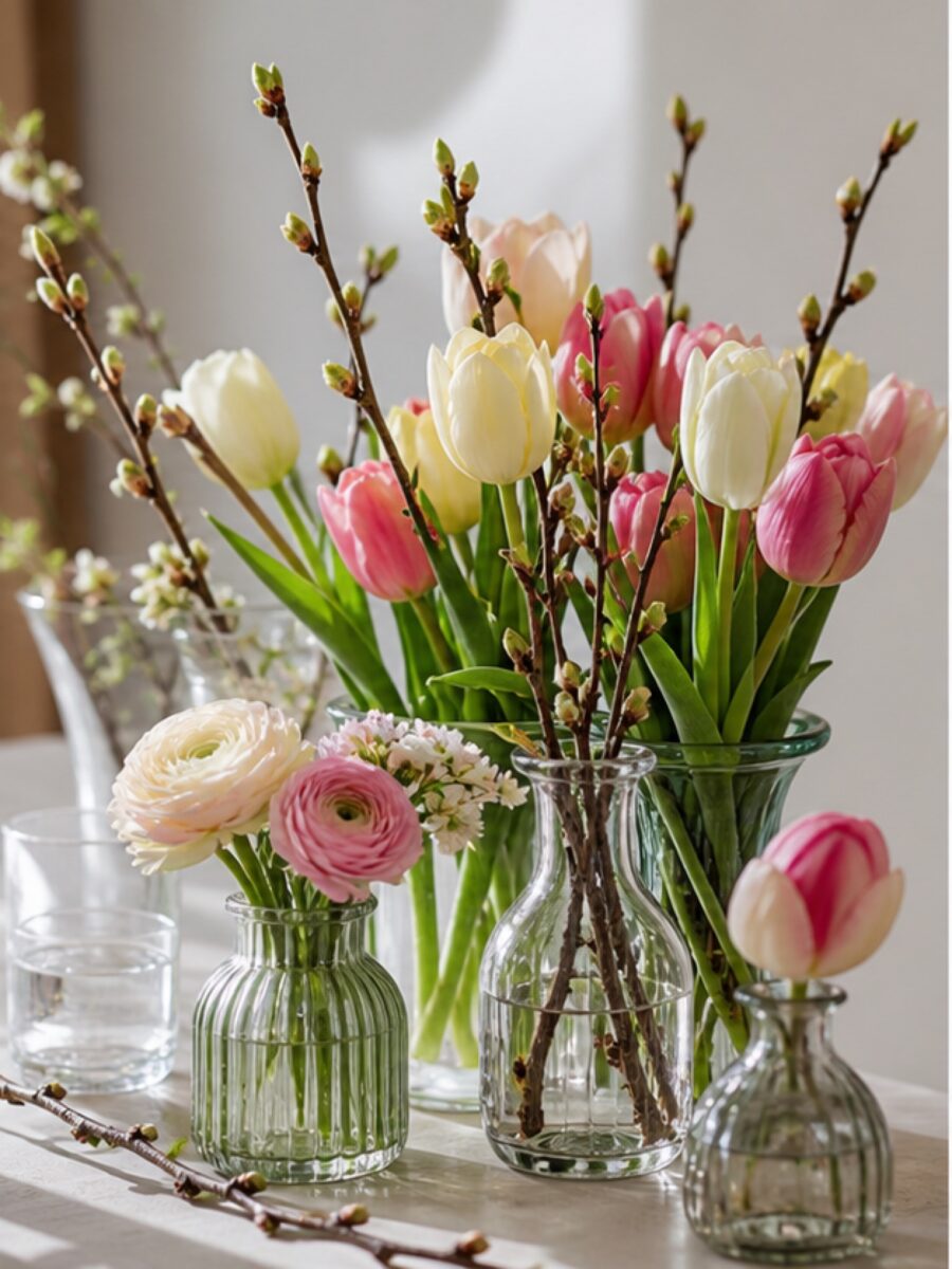 Osterdeko mit Blumen: Natürlich, frisch und nicht überladen 1 Tulpen Ranunkeln und Zweige in kleinen Vasen