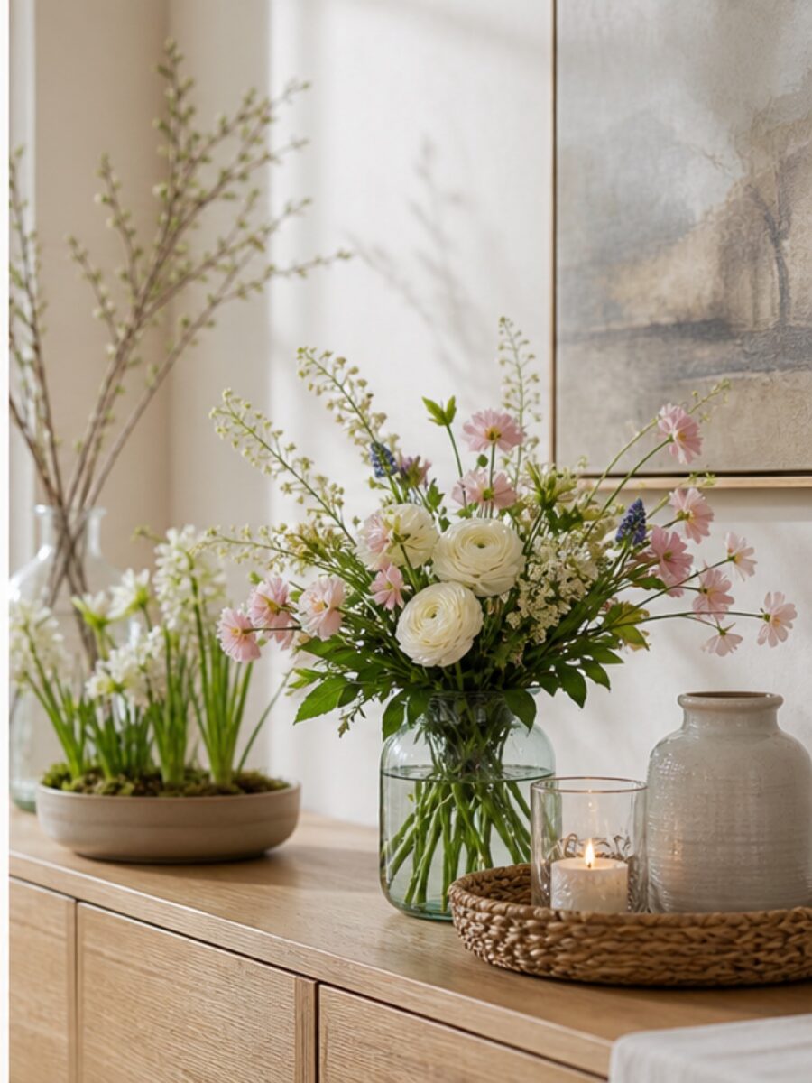 Osterdeko mit Blumen: Natürlich, frisch und nicht überladen 2 Helle Frühlingsdekoration auf einem Sideboard