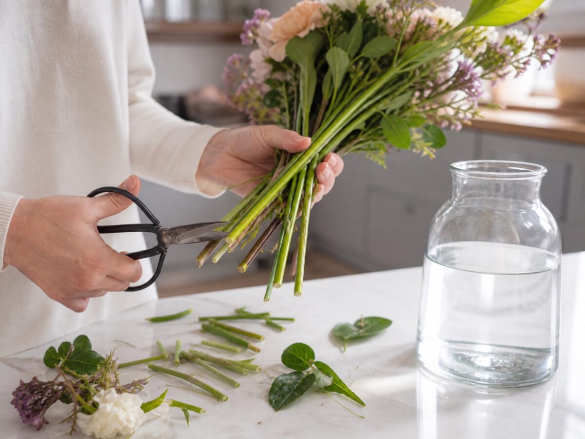 Schnittblumen länger frisch halten: Was zu Hause wirklich hilft 1 Frischer Anschnitt von Schnittblumenstielen mit sauberer Floristenschere