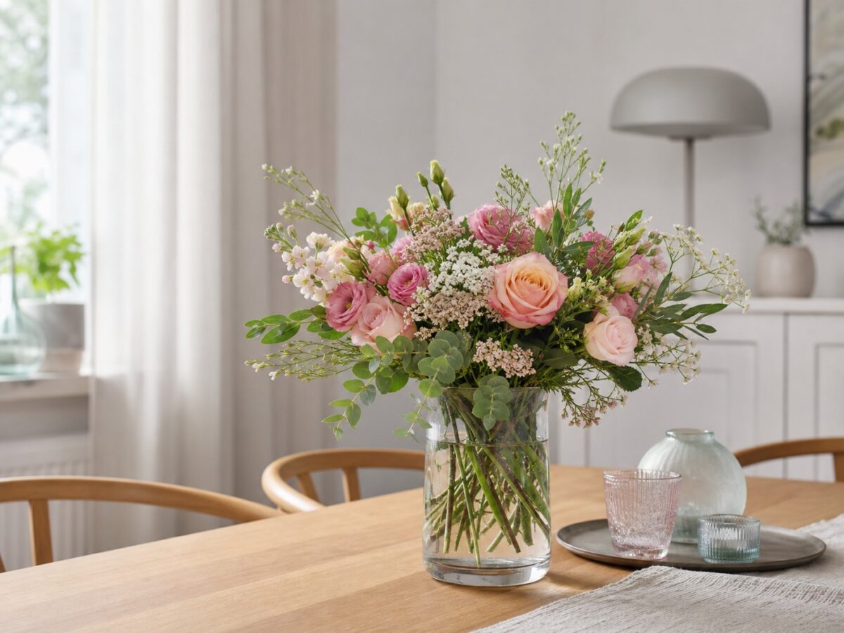Schnittblumen länger frisch halten: Was zu Hause wirklich hilft 2 Frischer Blumenstrauß in einer Glasvase an einem hellen Standort ohne direkte Sonne