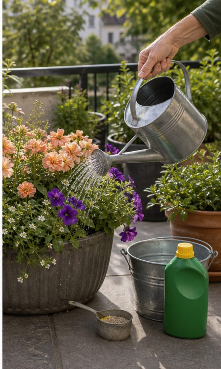 Sommerblumen im Kübel: Blüte kräftig halten bis in den Herbst 2 Kübelpflanzen werden auf einer Terrasse gegossen und gepflegt