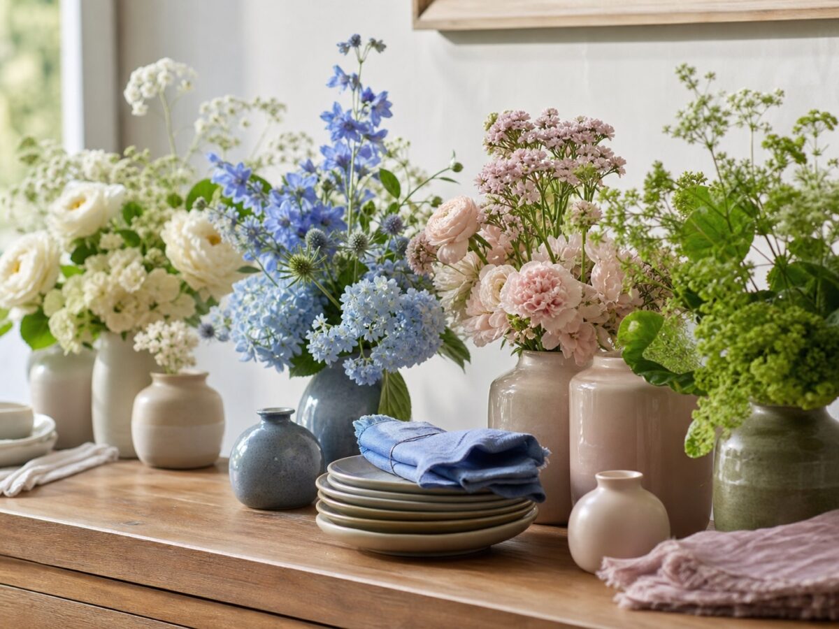 Sommerliche Tischdeko mit Blumen: einfach, frisch und alltagstauglich 2 Sommerliche Farbpalette aus Blumen Keramik und Leinen für die Tischdekoration