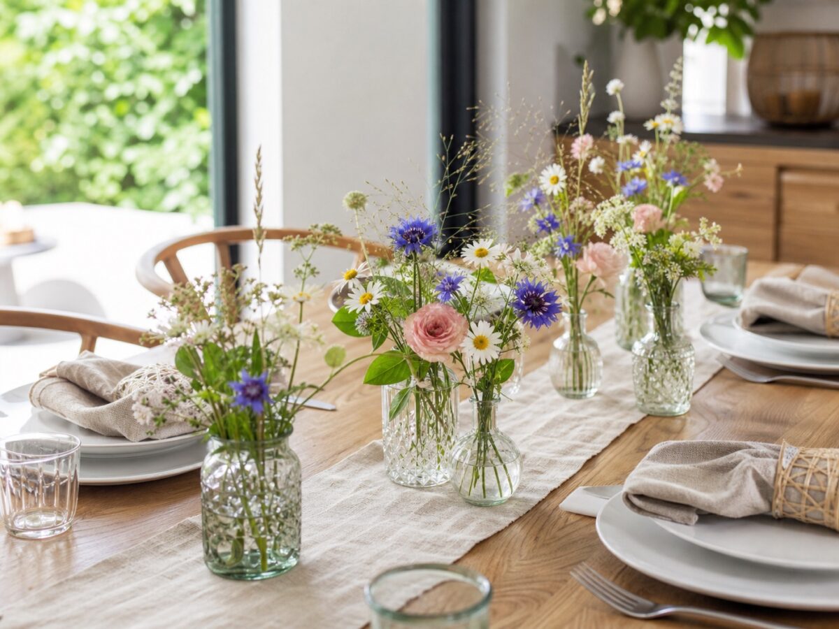 Sommerliche Tischdeko mit Blumen: einfach, frisch und alltagstauglich 1 Sommerlicher Esstisch mit kleinen Glasvasen und frischen Blumen