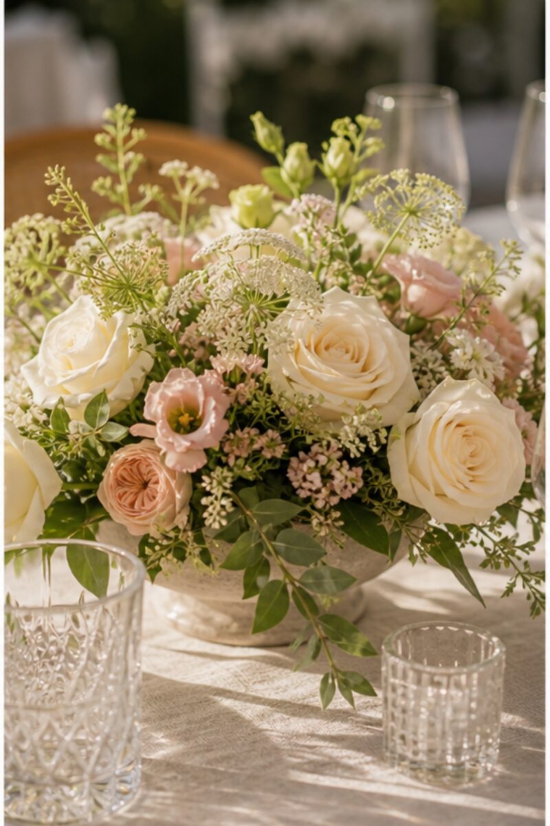 Niedriges Hochzeitsgesteck in Creme Rosa und Grün