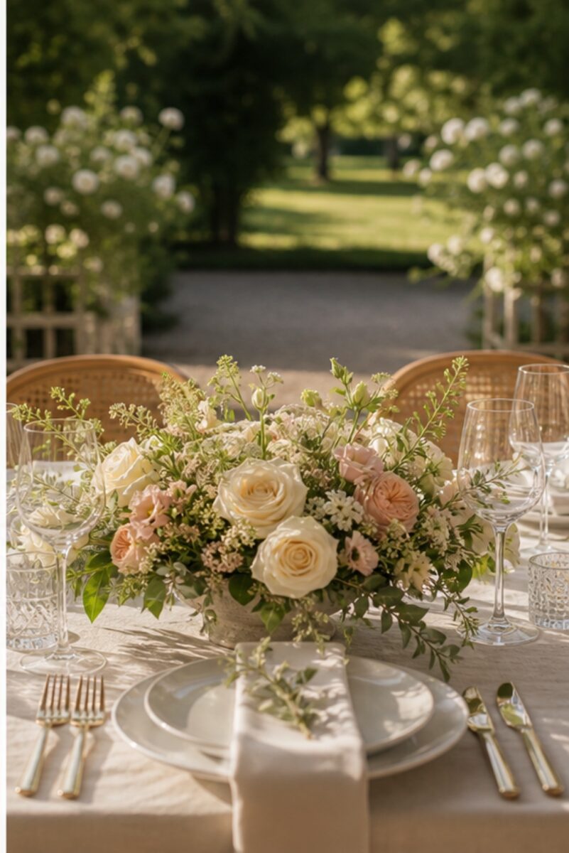 Hochzeitstisch mit Blumen auf Gesprächshöhe