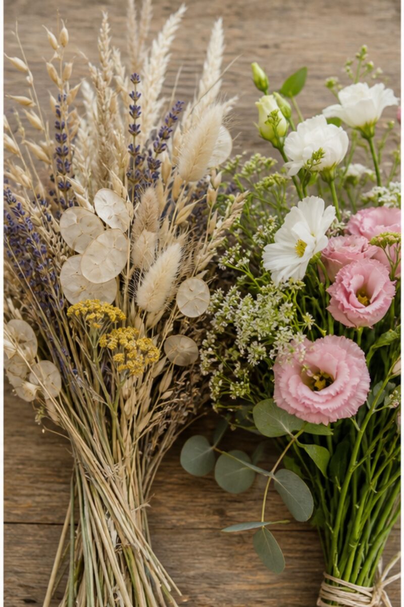 Trockenblumen und frische Blüten als Materialvergleich