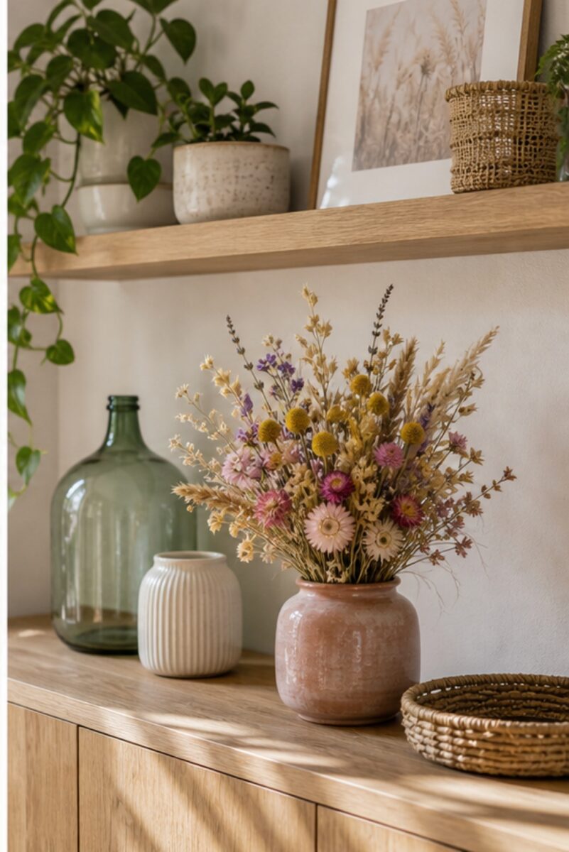 Trockenblumen auf einem Sideboard fern von direkter Sonne