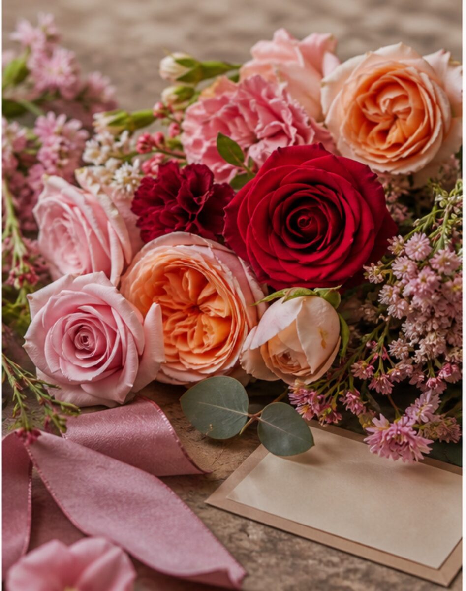 Valentinstag-Blumen: Welche Blumen wirklich zur Botschaft passen 1 Rosen und gemischte Valentinsblumen mit Band und Karte