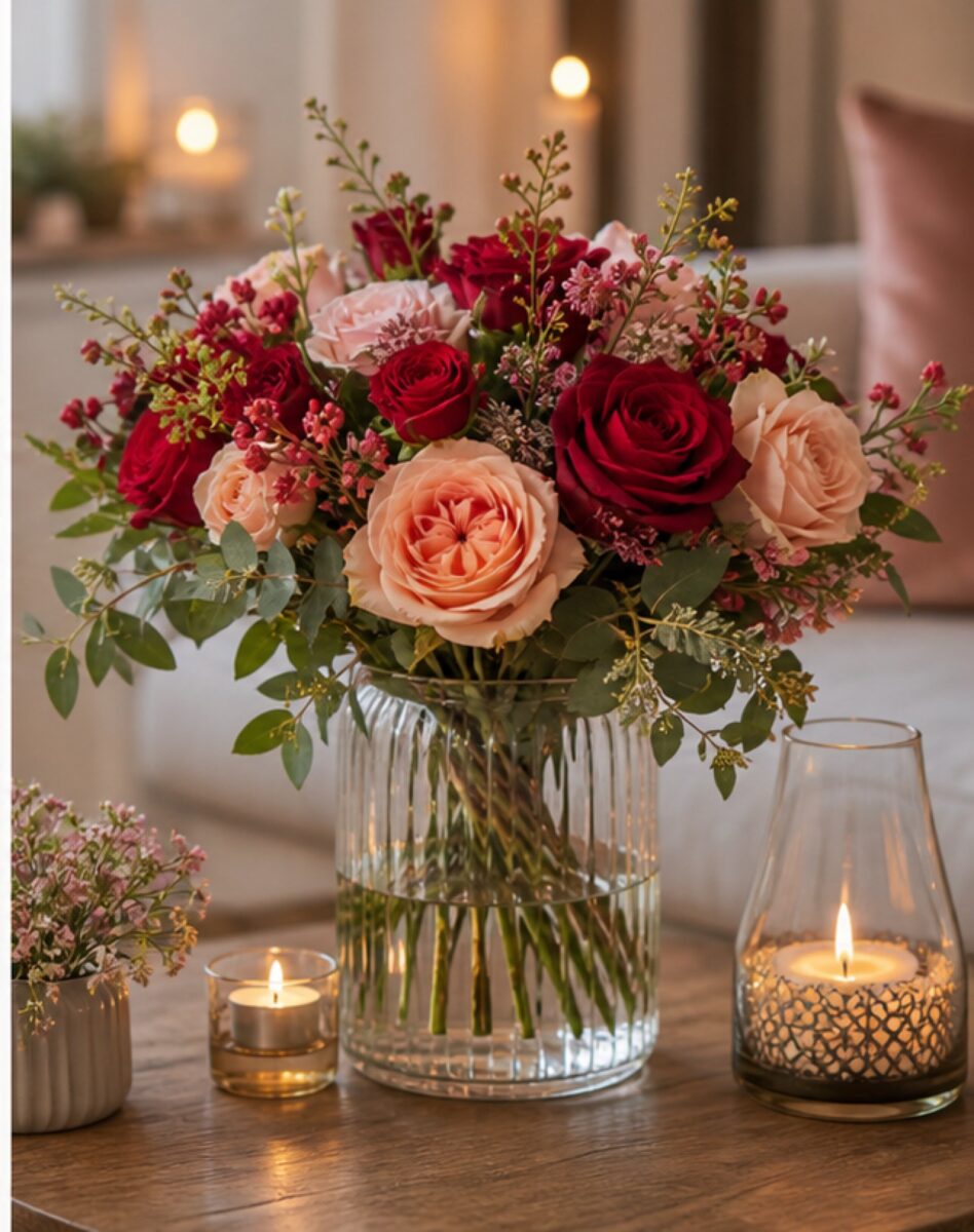 Valentinstag-Blumen: Welche Blumen wirklich zur Botschaft passen 2 Romantischer Blumenstrauß in einer Vase auf einem hellen Tisch