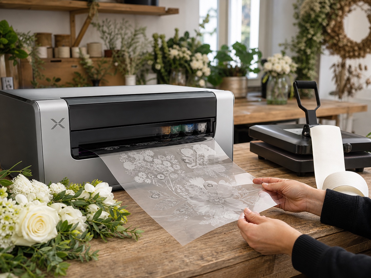 Trauerschleifen persönlich gestalten: Fotos, Logos und Symbole als letzter Gruß 3 xTool DTF Drucker und Transferfolie in der Schleifendruckerei von Blumen Mankopf