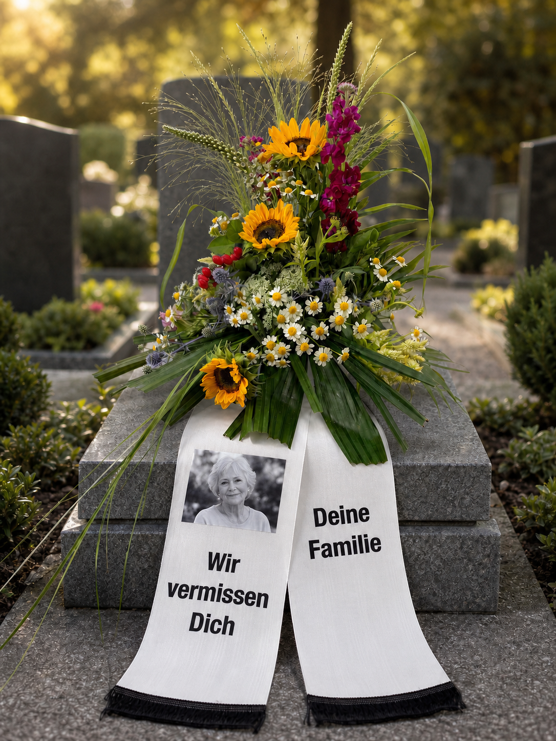 Trauerschleifen persönlich gestalten: Fotos, Logos und Symbole als letzter Gruß 1 Trauergesteck mit weißer gewebter Trauerschleife und Erinnerungsfoto auf einem Grab zwischen zwei Grabsteinen