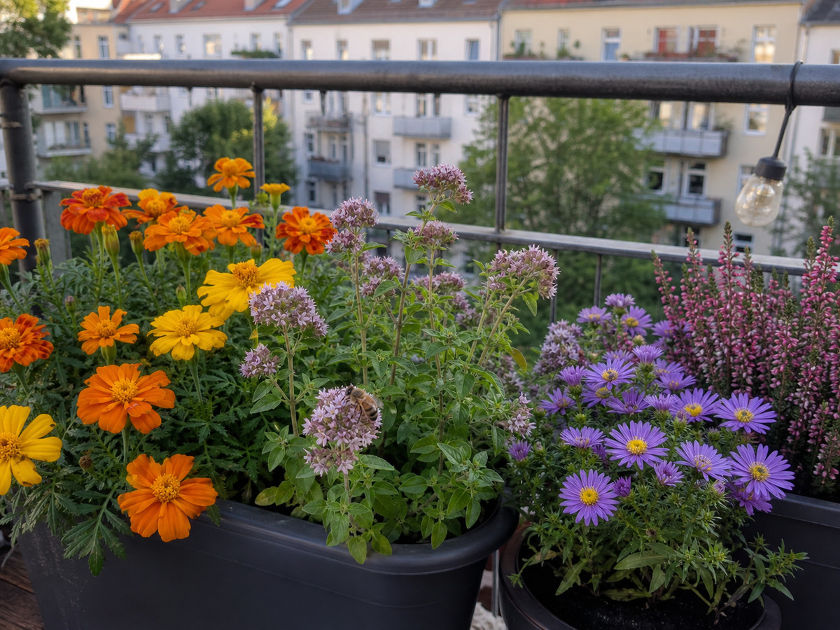 Spätsommerblüher für Bienen: Diese Pflanzen helfen im August 3 Balkonkübel mit offenen Tagetes, Kräutern und Herbst-Astern für Bienen