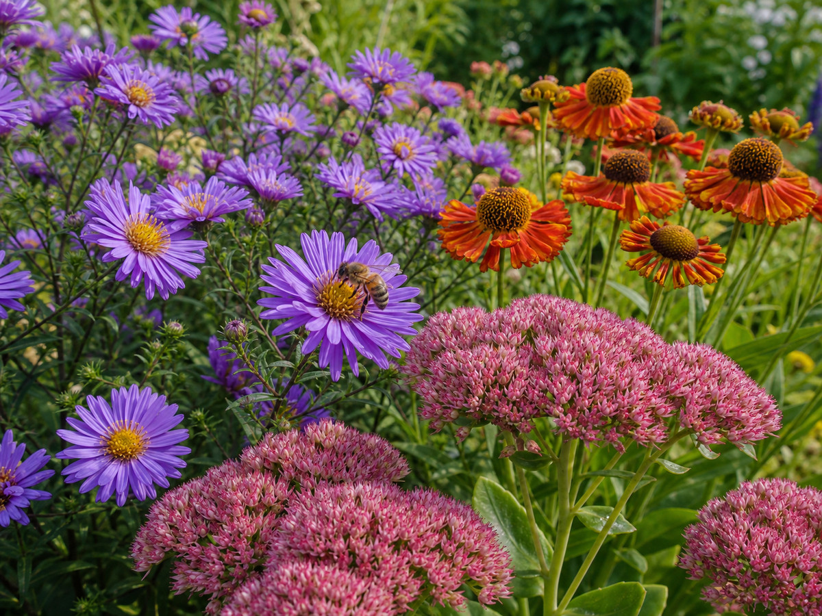 Spätsommerblüher für Bienen: Diese Pflanzen helfen im August 2 Bienenfreundliches Spätsommerbeet mit Astern, Fetthenne und Sonnenbraut