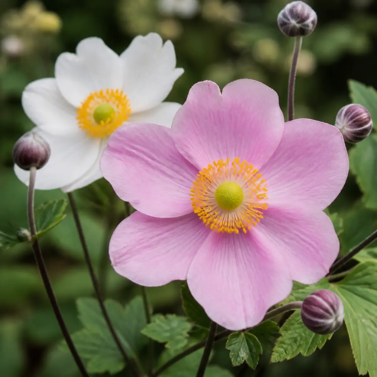 Offene rosa Herbst-Anemone mit gelben Staubblättern und Knospen