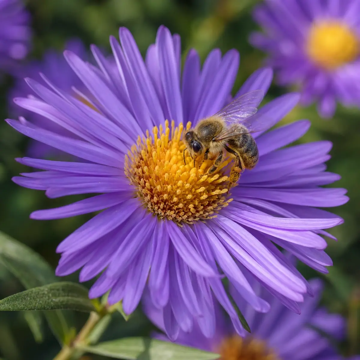 Biene auf einer offenen violetten Herbst-Aster mit gelber Mitte
