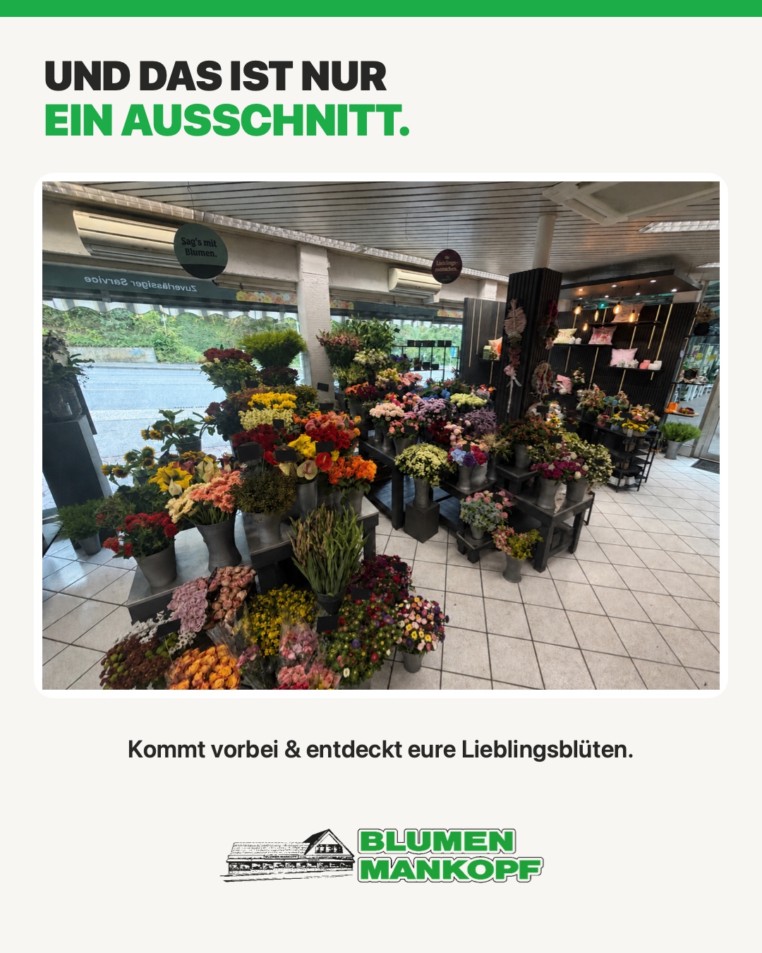 Übersicht der farbenreichen Schnittblumenabteilung mit dem Text Und das ist nur ein Ausschnitt.