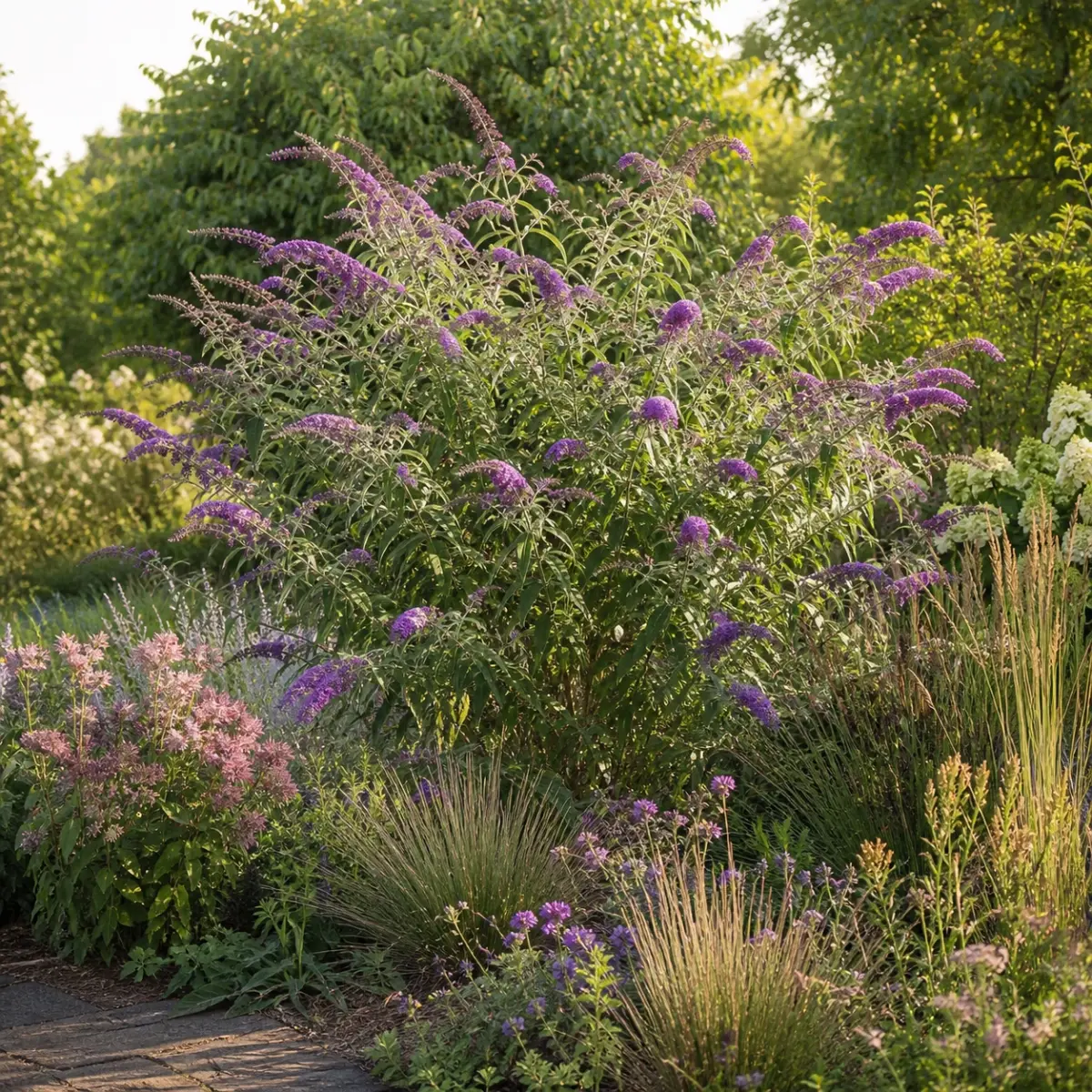 Sommerflieder als sonniger Blickfang in einer vielfältigen Gartenpflanzung