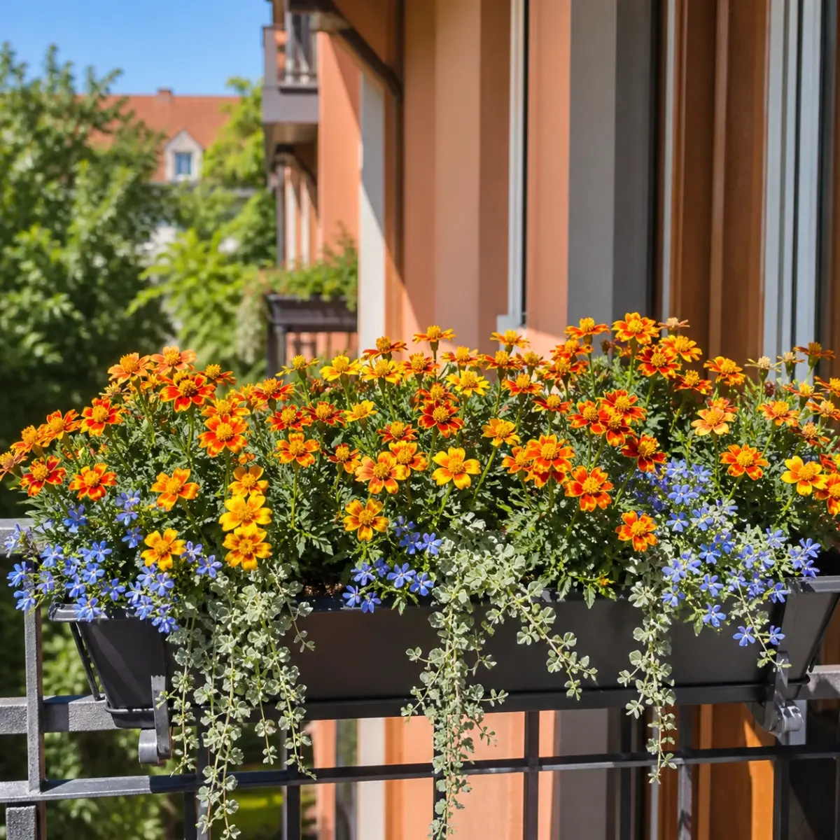 Offene Tagetes in einer sonnigen gemischten Balkonbepflanzung