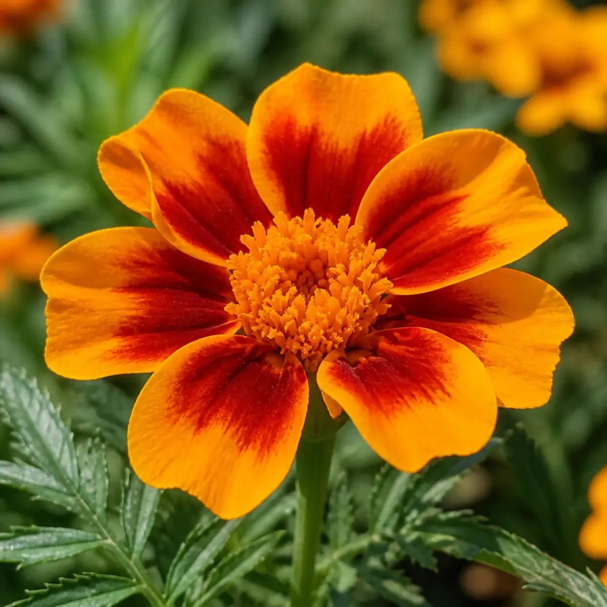 Offene Tagetesblüte mit gut sichtbarer Blütenmitte
