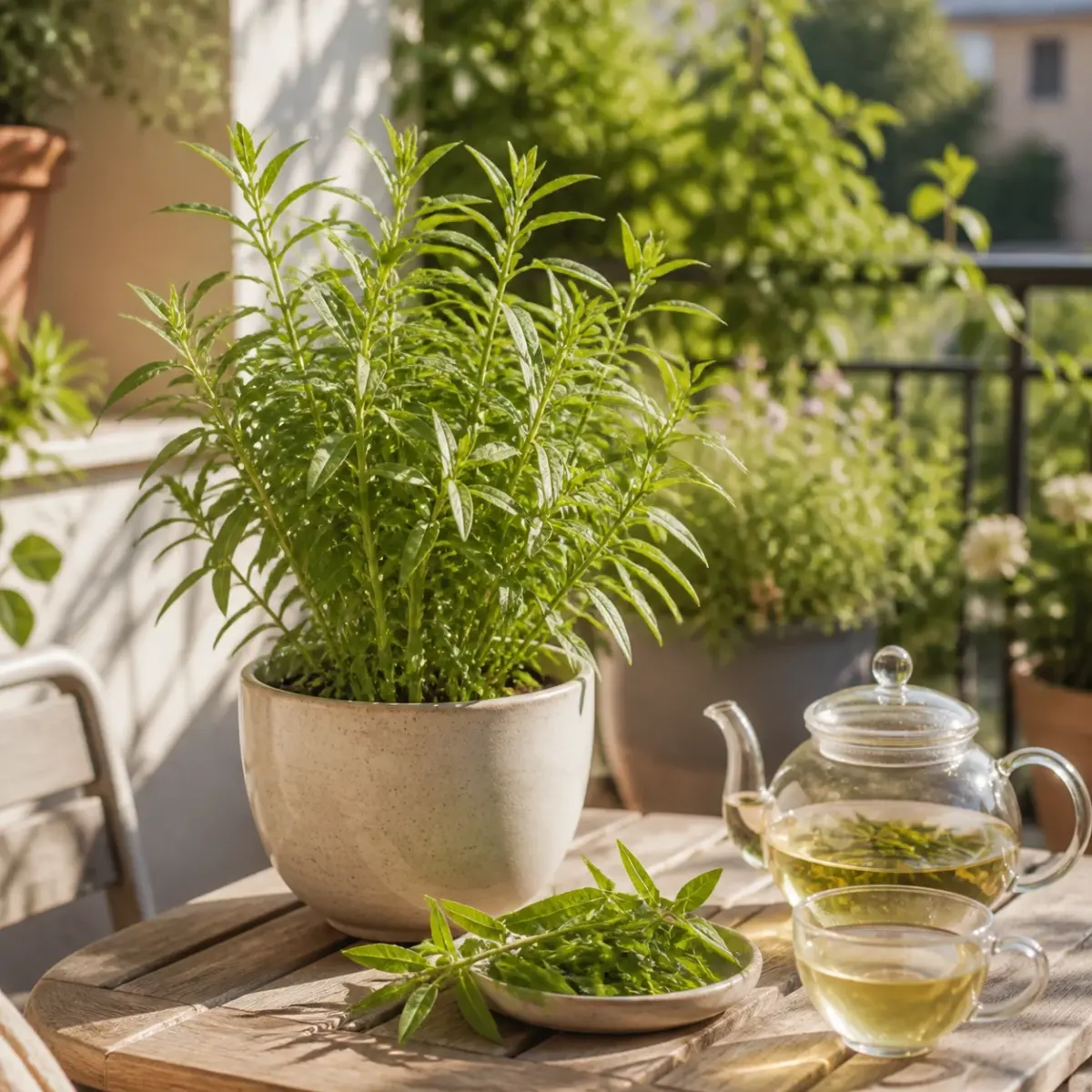 Zitronenverbene als duftendes Küchenkraut auf einem sonnigen Balkon