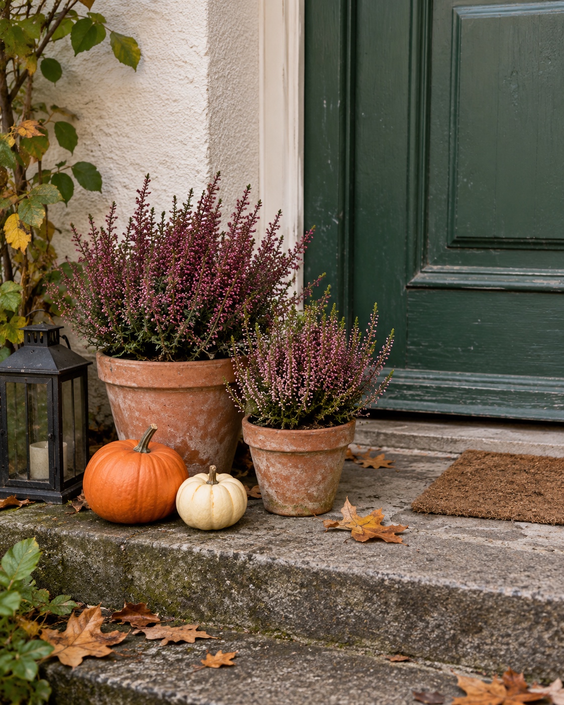 Herbstlicher Hauseingang mit Heide in Terrakottatöpfen, orangefarbenem und weißem Kürbis und einer Laterne.